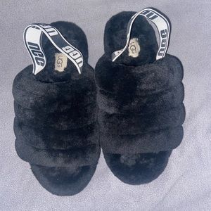 UGG Black Fluffy Slippers
